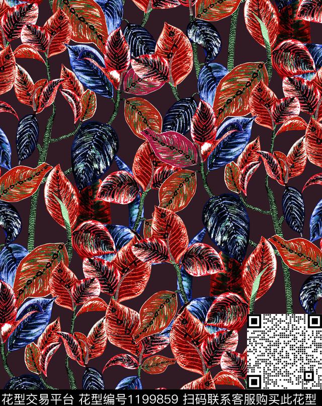 小碎花天堂鸟绿植树叶数码印花华亿平台下载（图片编号: 1199859） - 瓦栏（Walan）