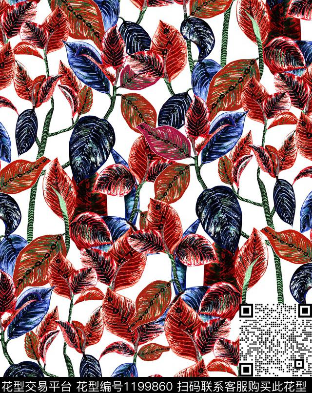 小碎花天堂鸟绿植树叶数码印花华亿平台下载（图片编号: 1199860） - 瓦栏（Walan）