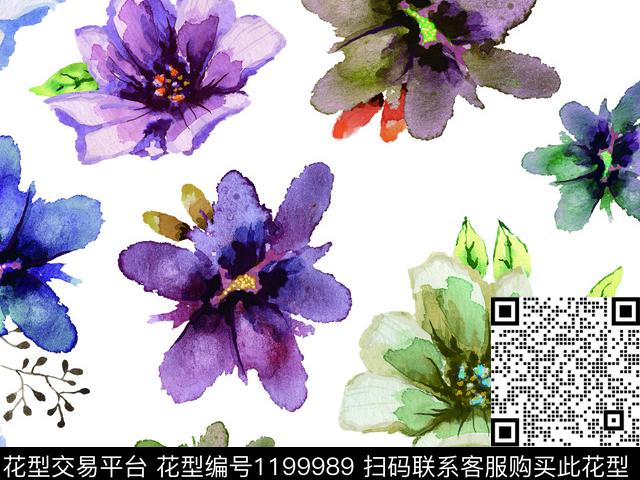 水彩花卉手绘花卉散点排列数码印花华亿平台下载（图片编号: 1199989） - 瓦栏（Walan）