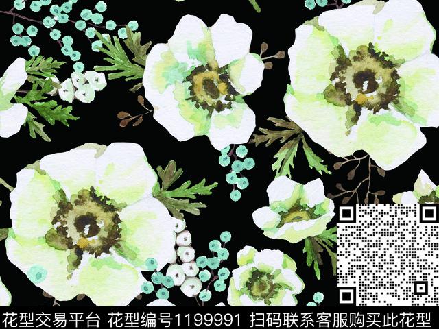 手绘花卉满版花卉白色花卉数码印花华亿平台下载（图片编号: 1199991） - 瓦栏（Walan）