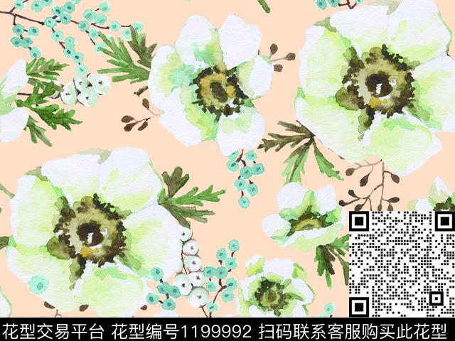 手绘花卉满版花卉白色花卉数码印花华亿平台下载（图片编号: 1199992） - 瓦栏（Walan）