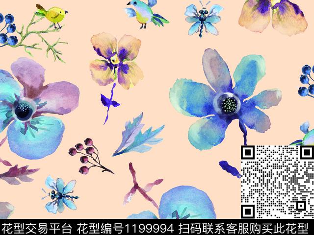 手绘花卉散点排列漂亮数码印花华亿平台下载（图片编号: 1199994） - 瓦栏（Walan）