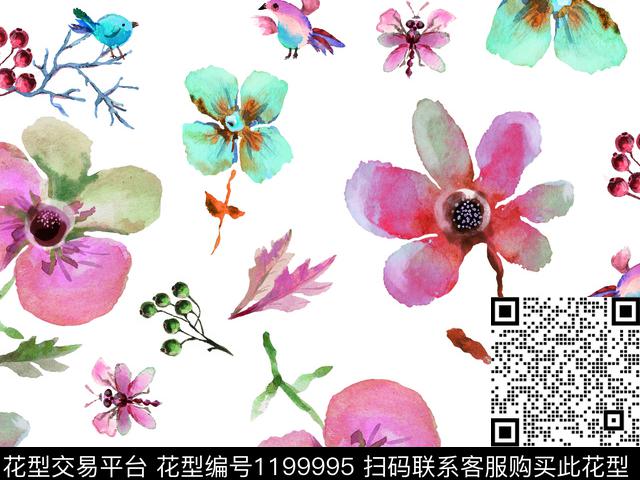手绘花卉散点排列漂亮数码印花华亿平台下载（图片编号: 1199995） - 瓦栏（Walan）