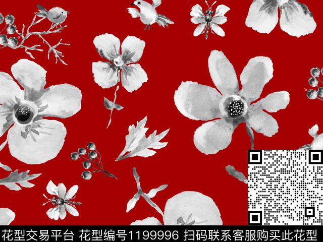 手绘花卉散点排列漂亮数码印花华亿平台下载（图片编号: 1199996） - 瓦栏（Walan）