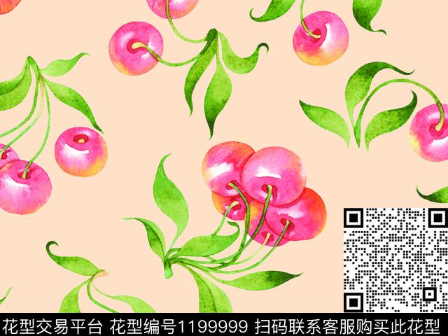 水果樱桃手绘水果数码印花华亿平台下载（图片编号: 1199999） - 瓦栏（Walan）