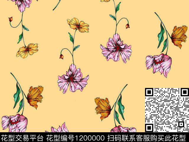 淑女美丽花卉散点排列数码印花华亿平台下载（图片编号: 1200000） - 瓦栏（Walan）