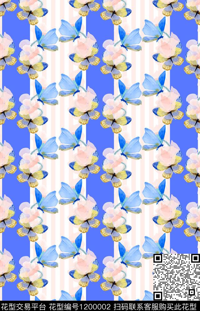蝴蝶线条花卉数码印花华亿平台下载（图片编号: 1200002） - 瓦栏（Walan）