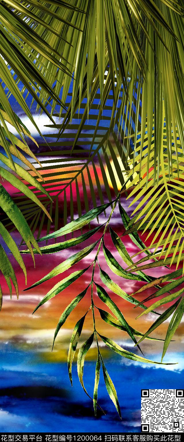 手绘棕榈树彩云数码印花华亿平台下载（图片编号: 1200064） - 瓦栏（Walan）