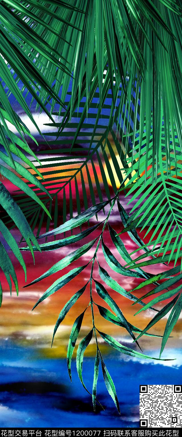 手绘棕榈树彩云数码印花华亿平台下载（图片编号: 1200077） - 瓦栏（Walan）