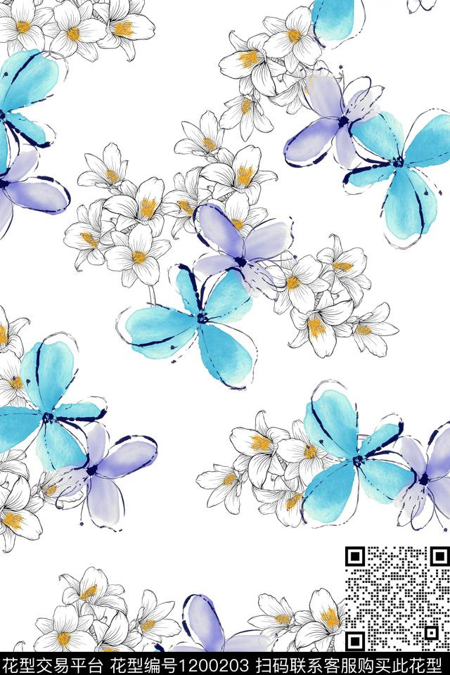 花卉大牌风花卉蝴蝶数码印花华亿平台下载（图片编号: 1200203） - 瓦栏（Walan）