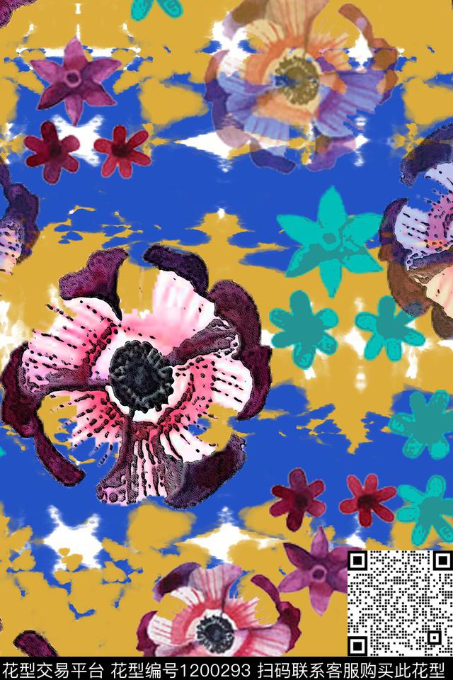 手绘线条笔触混合印花扎染风格数码印花华亿平台下载（图片编号: 1200293） - 瓦栏（Walan）