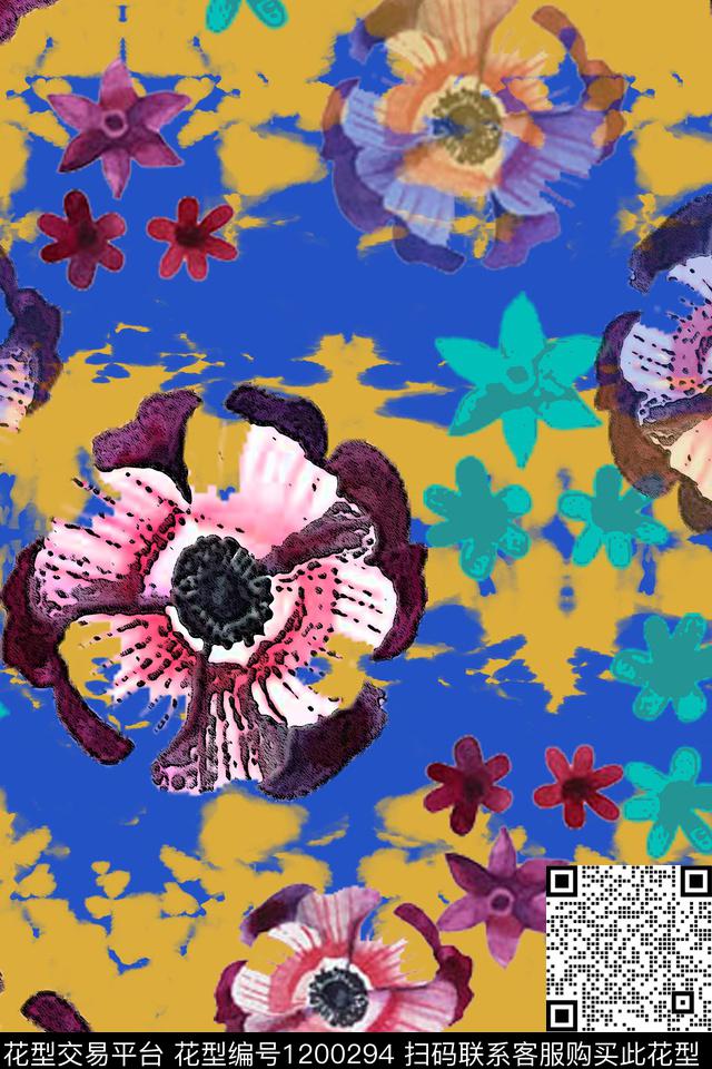 手绘线条笔触混合印花扎染风格数码印花华亿平台下载（图片编号: 1200294） - 瓦栏（Walan）