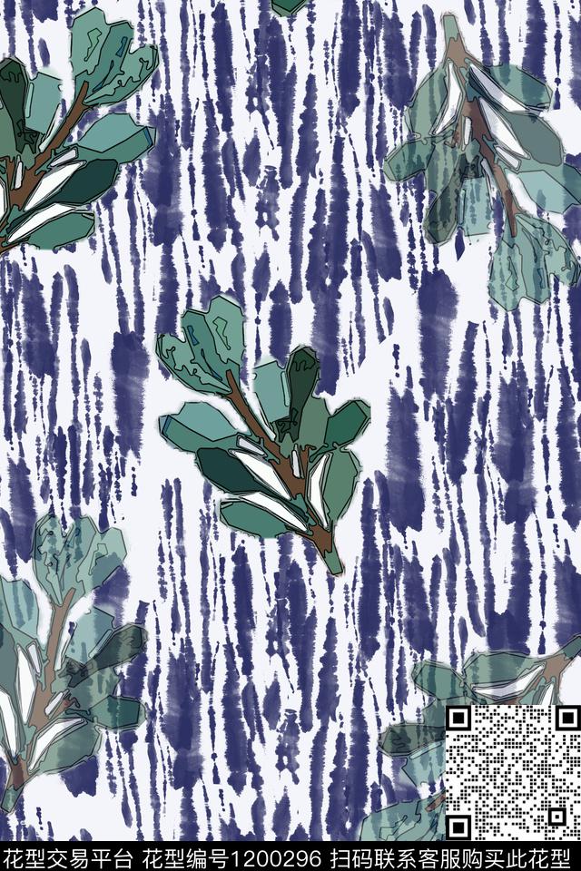 手绘线条笔触扎染风格树叶组合数码印花华亿平台下载（图片编号: 1200296） - 瓦栏（Walan）