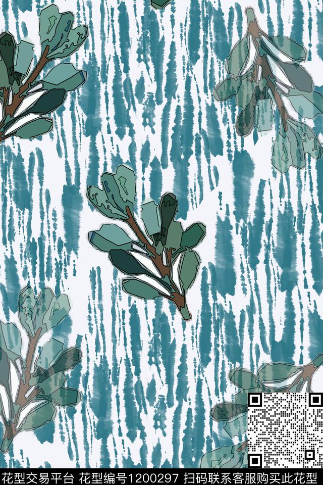手绘线条笔触扎染风格树叶组合数码印花华亿平台下载（图片编号: 1200297） - 瓦栏（Walan）