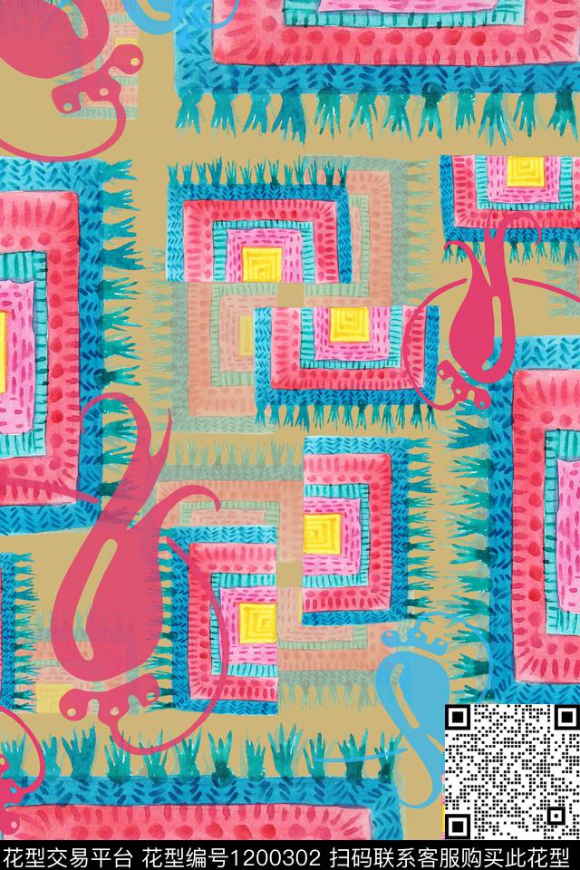 混合印花手绘线条笔触民族风图案数码印花华亿平台下载（图片编号: 1200302） - 瓦栏（Walan）