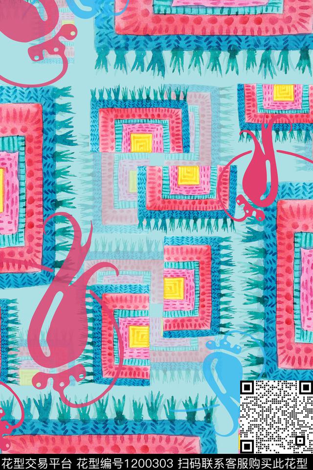 混合印花手绘线条笔触民族风图案数码印花华亿平台下载（图片编号: 1200303） - 瓦栏（Walan）