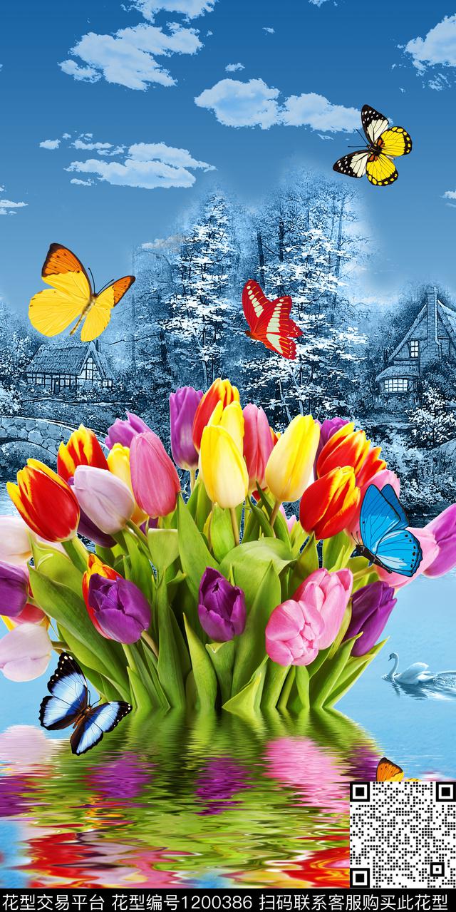 花卉定位花蝴蝶数码印花华亿平台下载（图片编号: 1200386） - 瓦栏（Walan）