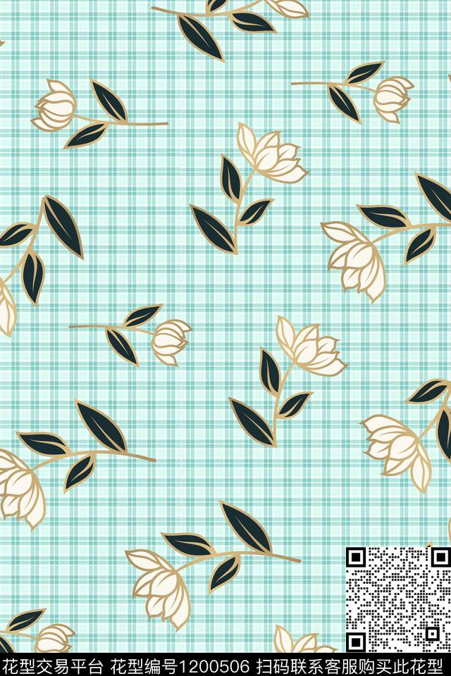 格子手绘花卉传统印花华亿平台下载（图片编号: 1200506） - 瓦栏（Walan）