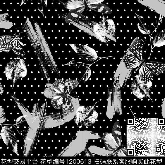 蝴蝶笔触波点传统印花华亿平台下载（图片编号: 1200613） - 瓦栏（Walan）