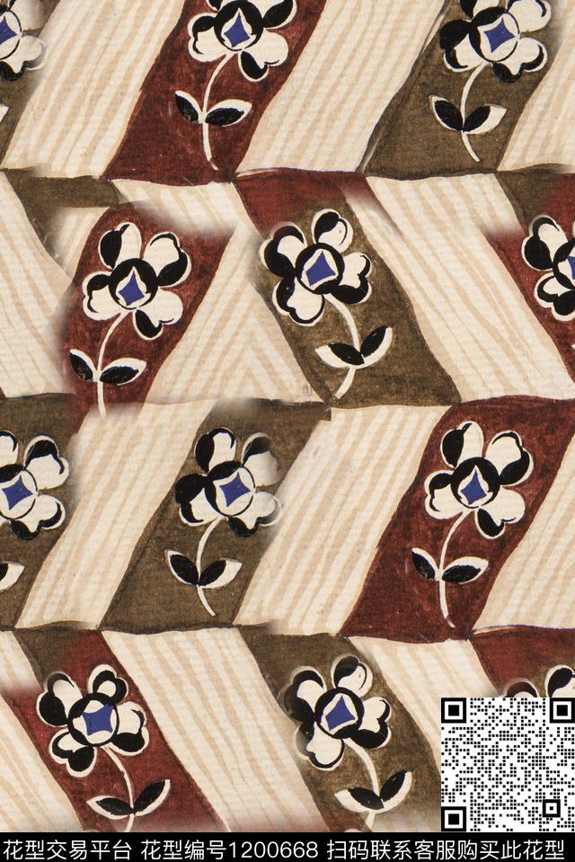褪色花卉几何人字纹数码印花华亿平台下载（图片编号: 1200668） - 瓦栏（Walan）