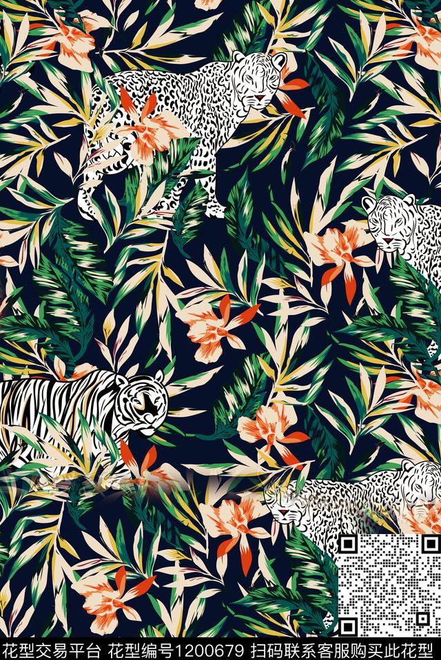 老虎热带华亿平台动物花卉数码印花华亿平台下载（图片编号: 1200679） - 瓦栏（Walan）