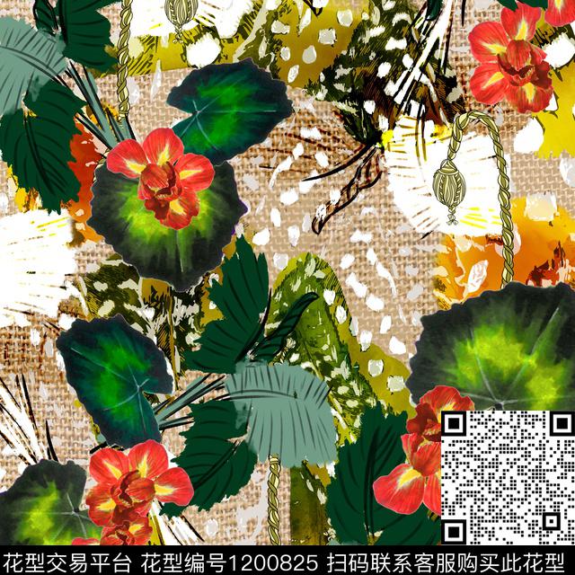 花卉绿植树叶混合拼接数码印花华亿平台下载（图片编号: 1200825） - 瓦栏（Walan）
