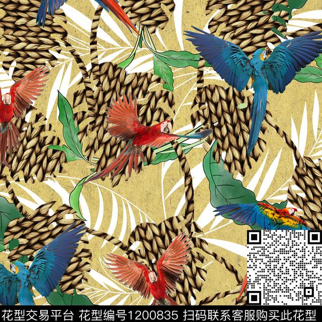 鹦鹉绿植树叶混合拼接数码印花华亿平台下载（图片编号: 1200835） - 瓦栏（Walan）