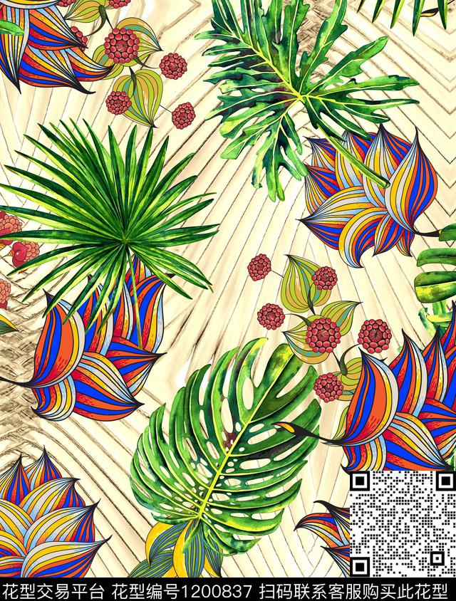 花卉绿植树叶混合拼接数码印花华亿平台下载（图片编号: 1200837） - 瓦栏（Walan）