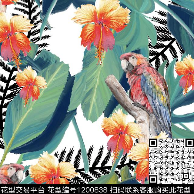 鹦鹉绿植树叶混合拼接数码印花华亿平台下载（图片编号: 1200838） - 瓦栏（Walan）