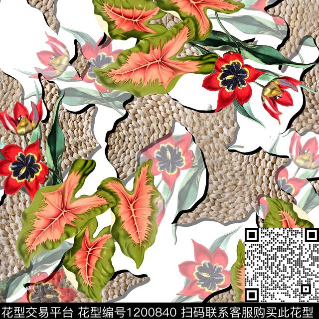 花卉绿植树叶混合拼接数码印花华亿平台下载（图片编号: 1200840） - 瓦栏（Walan）