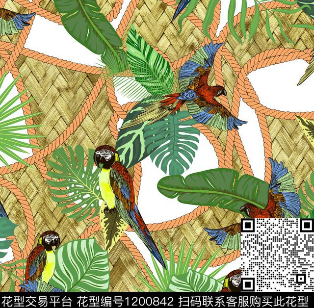 鹦鹉绿植树叶混合拼接数码印花华亿平台下载（图片编号: 1200842） - 瓦栏（Walan）