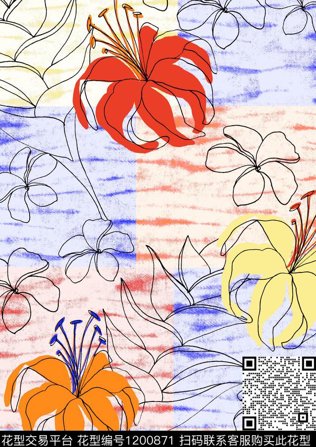 大花花卉抽象花卉传统印花华亿平台下载（图片编号: 1200871） - 瓦栏（Walan）