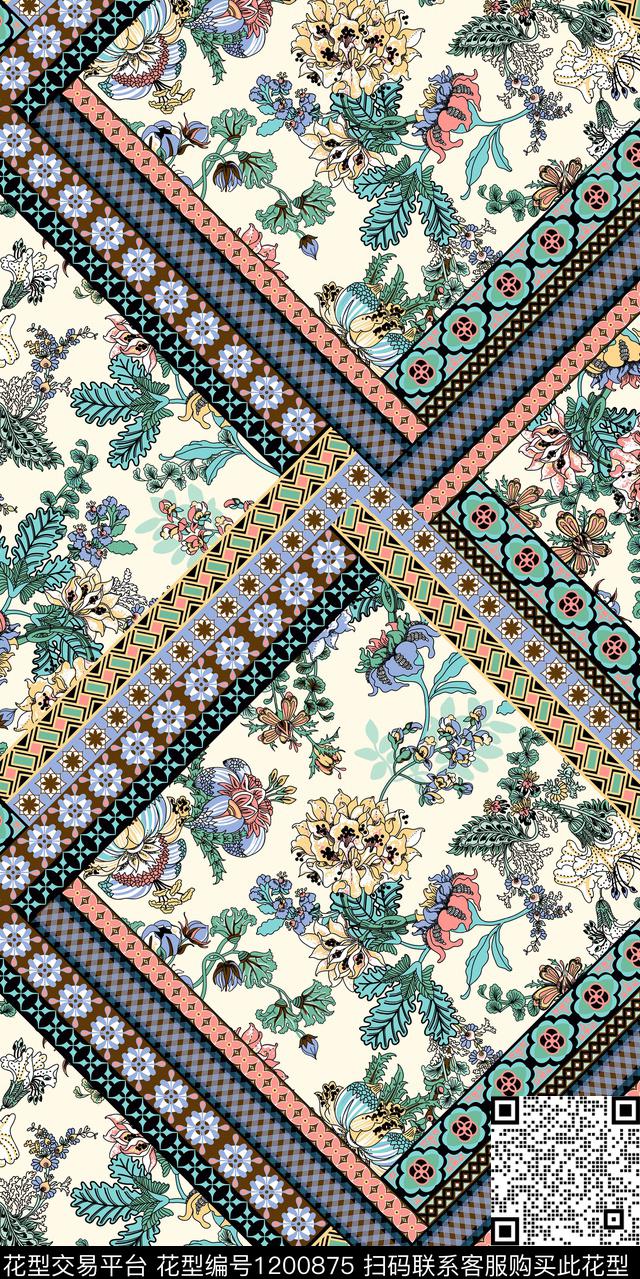 清爽底花卉花卉复古传统印花华亿平台下载（图片编号: 1200875） - 瓦栏（Walan）