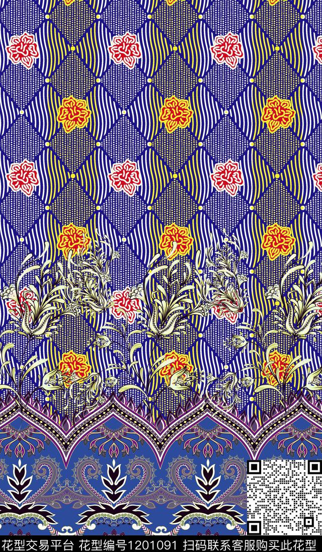 波西米亚定位花混合拼接数码印花华亿平台下载（图片编号: 1201091） - 瓦栏（Walan）