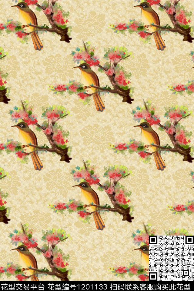 古典花纹樱花手绘花卉数码印花华亿平台下载（图片编号: 1201133） - 瓦栏（Walan）