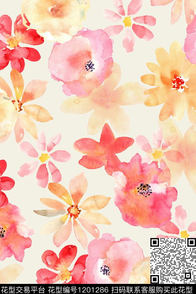 花卉大牌风手绘花卉数码印花华亿平台下载（图片编号: 1201286） - 瓦栏（Walan）