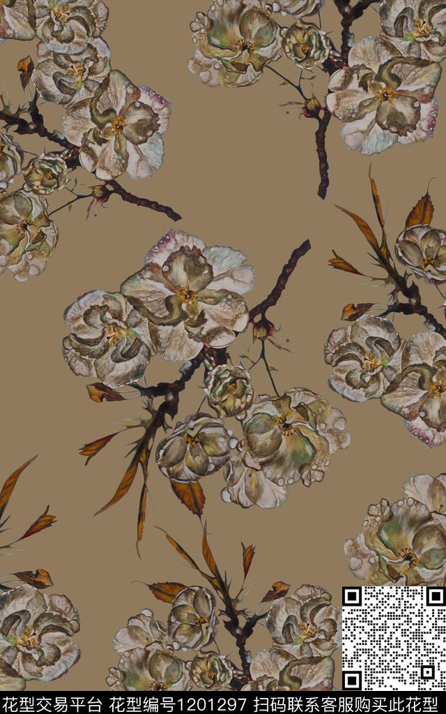 手绘大花抽象花卉复古女装旗袍印花数码印花华亿平台下载（图片编号: 1201297） - 瓦栏（Walan）