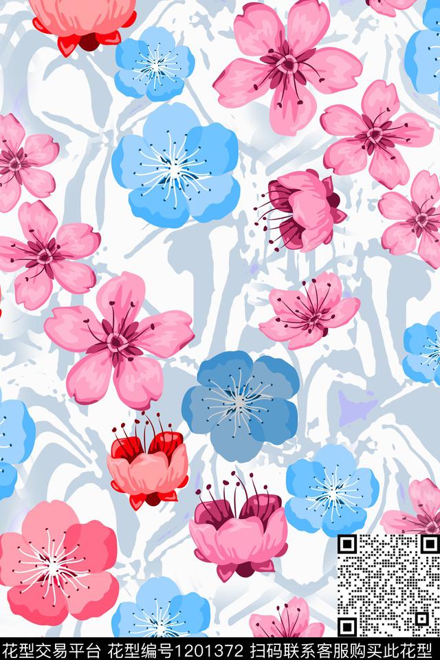 植物混合印花樱花盛开传统印花华亿平台下载（图片编号: 1201372） - 瓦栏（Walan）