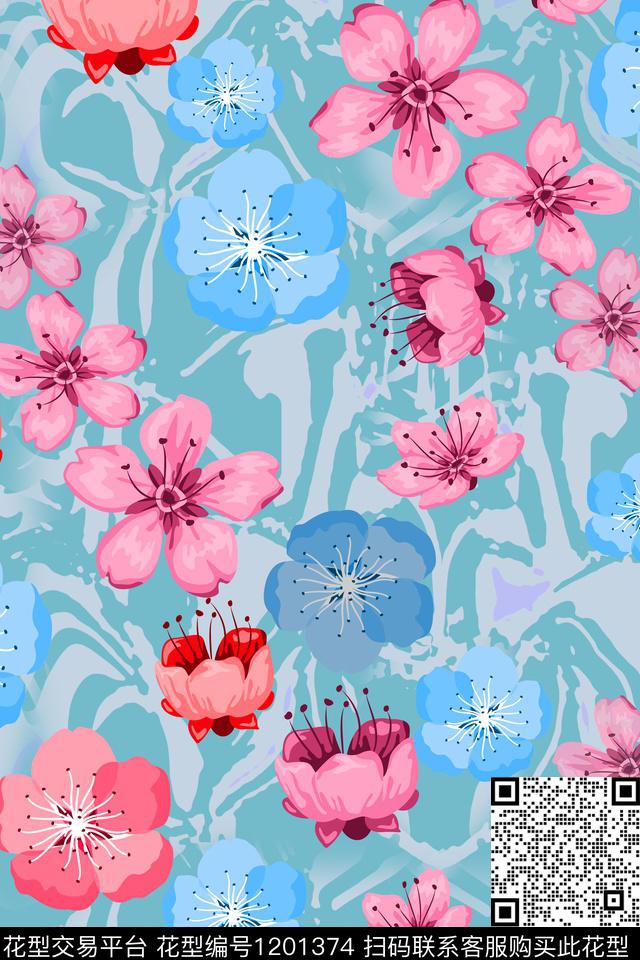 植物混合印花樱花盛开传统印花华亿平台下载（图片编号: 1201374） - 瓦栏（Walan）
