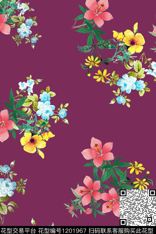 彩底花卉花卉绿植树叶数码印花华亿平台下载（图片编号: 1201967） - 瓦栏（Walan）