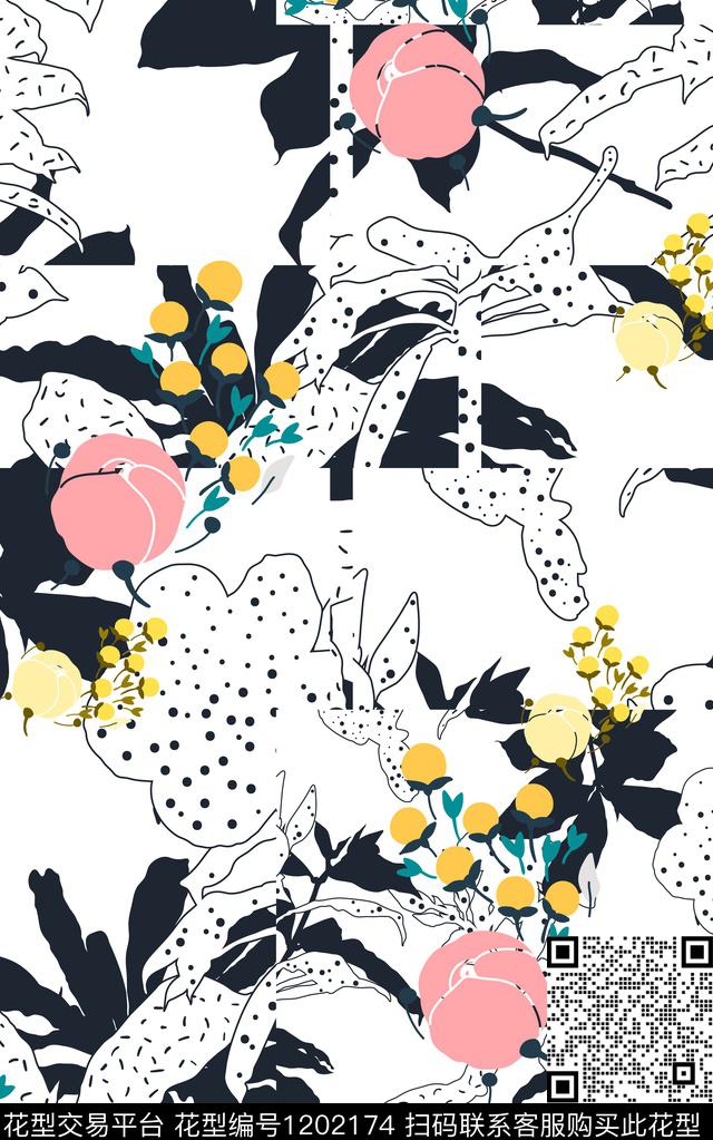 几何花卉简约数码印花华亿平台下载（图片编号: 1202174） - 瓦栏（Walan）