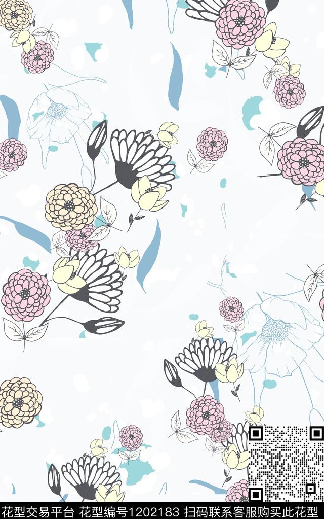 几何花卉简约数码印花华亿平台下载（图片编号: 1202183） - 瓦栏（Walan）