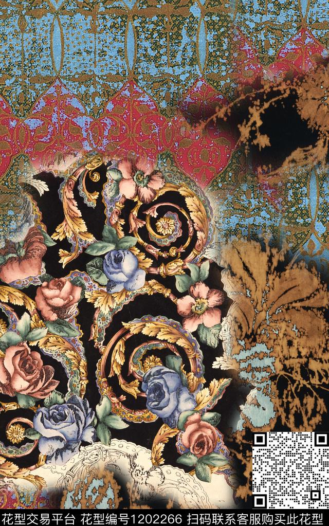 抽象花卉旗袍定位花数码印花华亿平台下载（图片编号: 1202266） - 瓦栏（Walan）