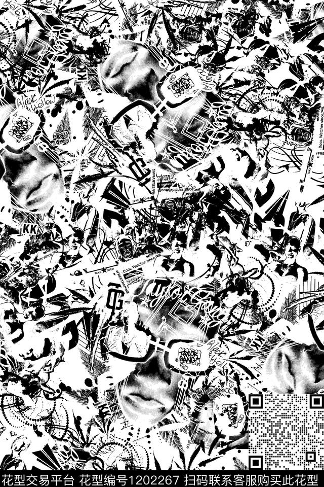 黑白装饰男衬衫胸前独幅数码印花华亿平台下载（图片编号: 1202267） - 瓦栏（Walan）