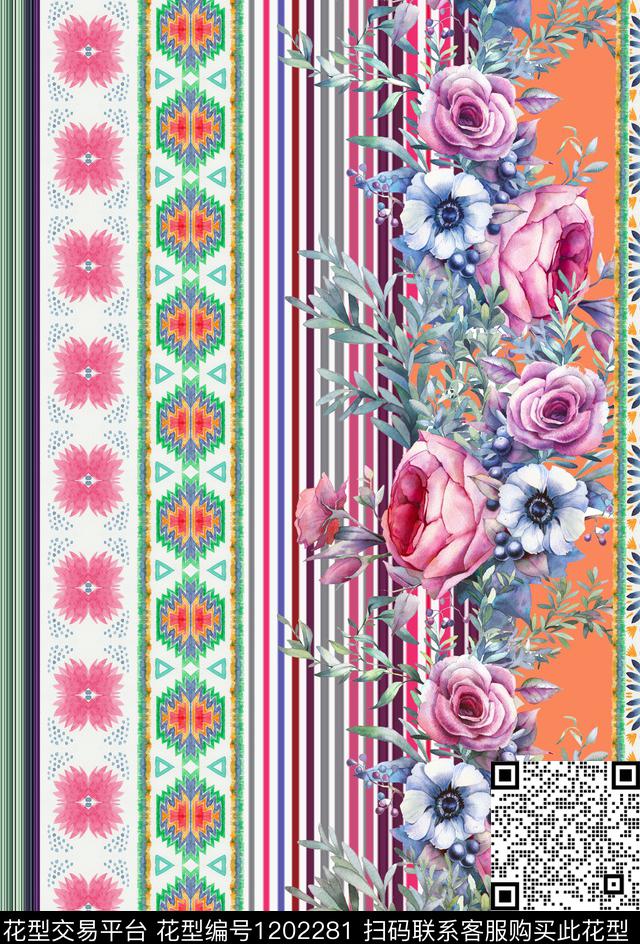 花卉条纹民族风数码印花华亿平台下载（图片编号: 1202281） - 瓦栏（Walan）