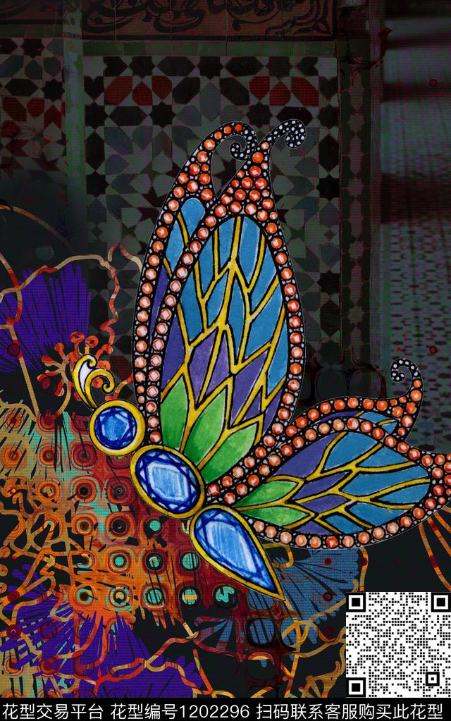 花卉蝴蝶旗袍定位花数码印花华亿平台下载（图片编号: 1202296） - 瓦栏（Walan）