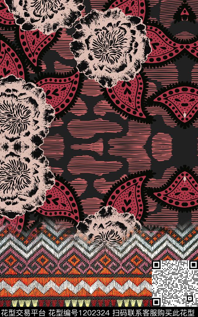 抽象定位花民族花卉数码印花华亿平台下载（图片编号: 1202324） - 瓦栏（Walan）