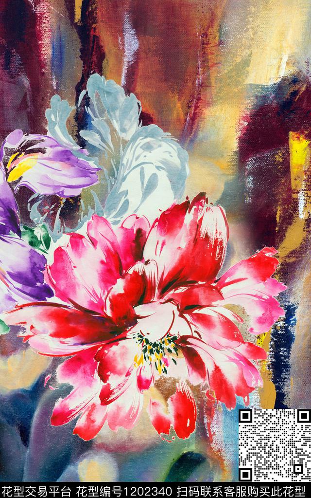 真丝定位花油画华亿平台数码印花华亿平台下载（图片编号: 1202340） - 瓦栏（Walan）