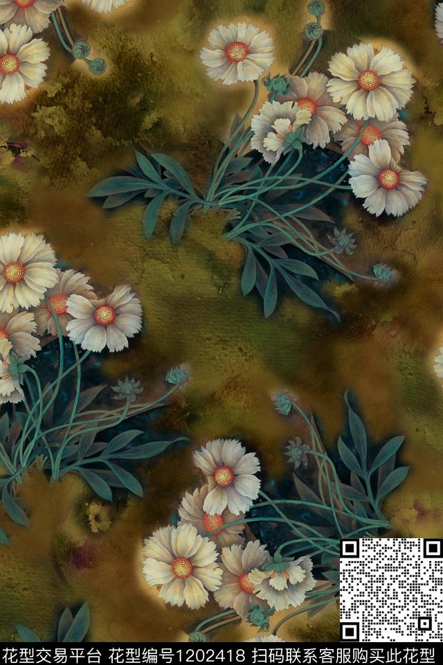 花卉香云纱工笔花卉数码印花华亿平台下载（图片编号: 1202418） - 瓦栏（Walan）