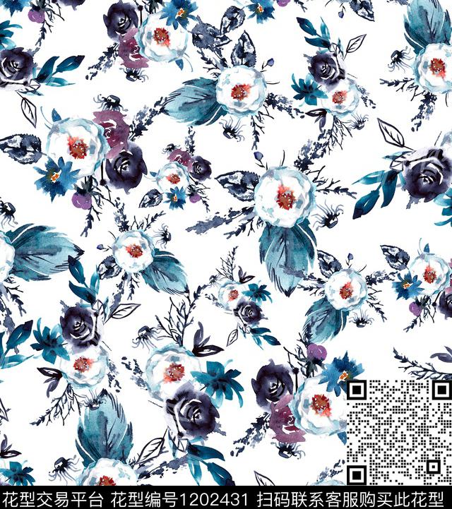 水彩小碎花手绘玫瑰数码印花华亿平台下载（图片编号: 1202431） - 瓦栏（Walan）